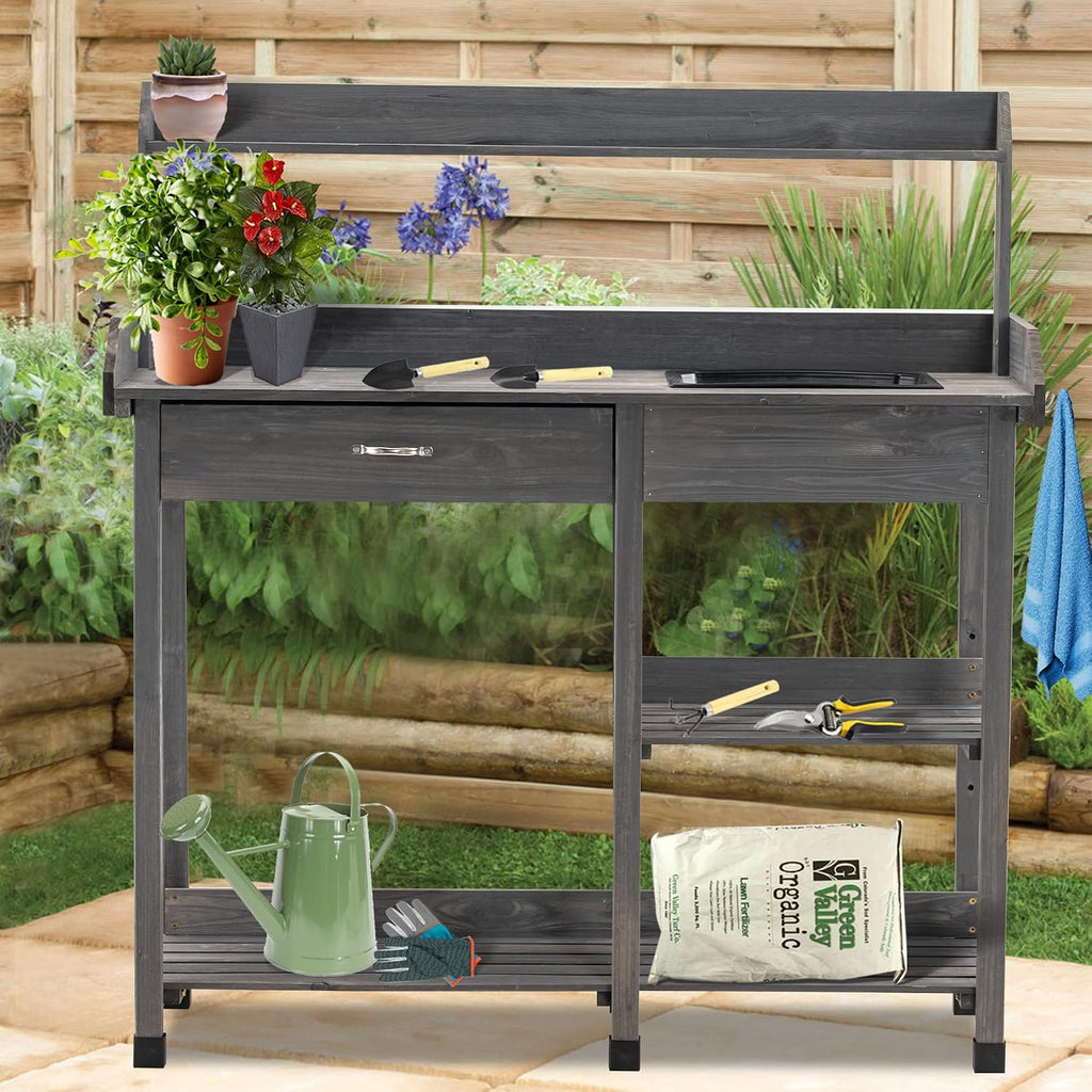 MCombo Potting Bench, Outdoor Garden Potting Table with Dry Sink, Drawer, Storage Shelves, Natural Wooden Work Station for Patio, Backyard and Porch 0458 (Grey)