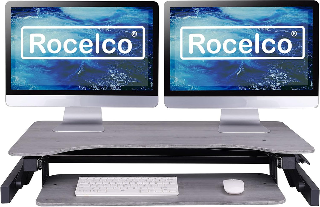 Rocelco 37.5' Deluxe Height Adjustable Standing Desk Converter - Quick Sit Stand Up Dual Monitor Riser - Gas Spring Assist Computer Workstation - Large Retractable Keyboard Tray - Gray (R DADRG)