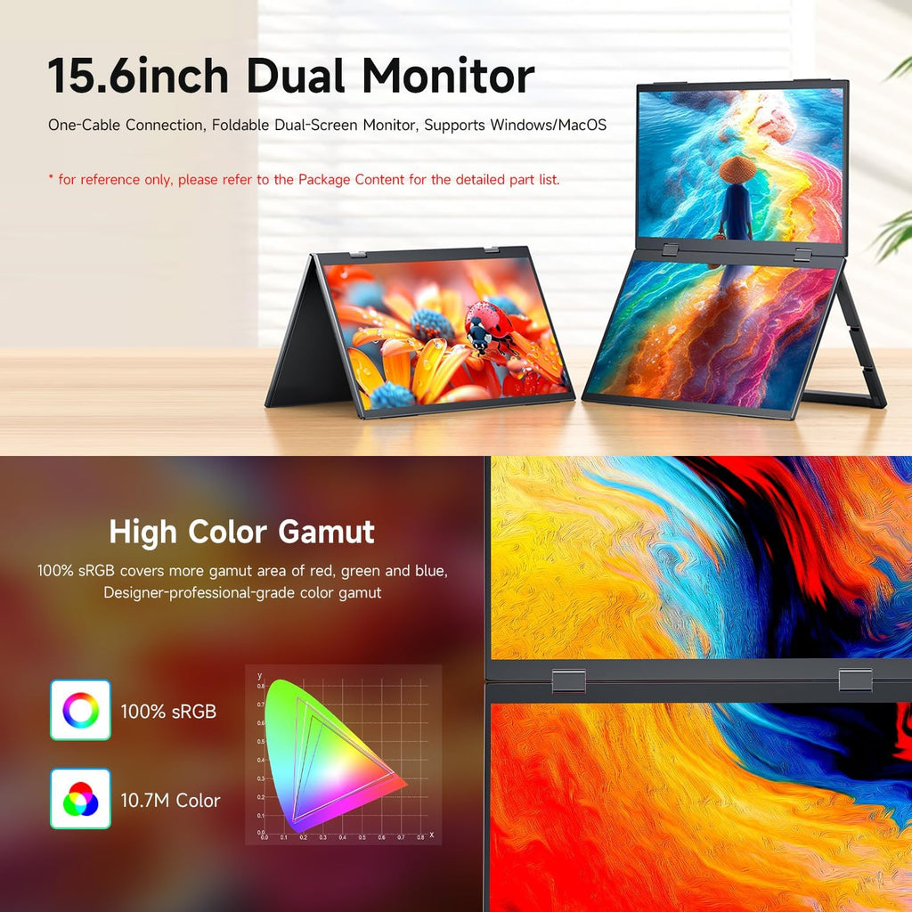 Waveshare 15.6inch Dual-Screen Stacked Portable Monitor Dual-1080p Foldable Extender Screen 100%SRGB 178° Viewing Angle With Gravity Sensor Hi-Fi Speaker Support Multi Display Modes for Windows/MacOS