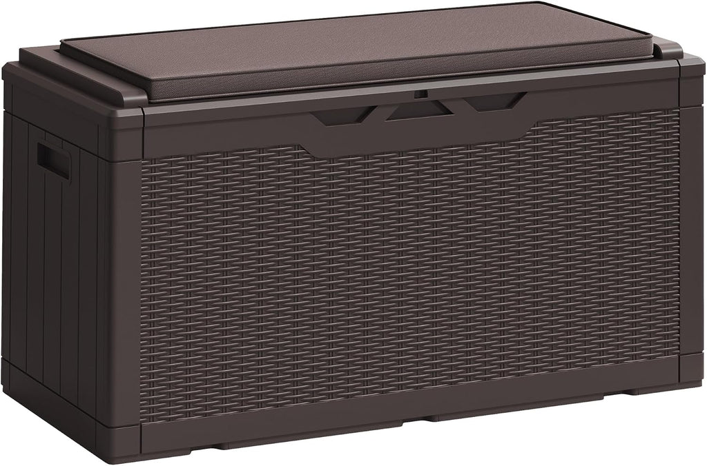 Greesum 100 Gallon Resin Deck Box Large Outdoor Storage Boxes with Cushions for Garden Tools, Patio Furniture Pillows, Pool Supplies, Dark Brown