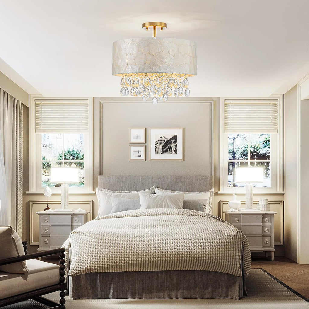 LumFurn D16in Capiz Shell K9 Crystal Drum Chandeliers, 4-Light Coastal Design Semi-Flushmount Ceiling Light Fixture for Dining Room, Kitchen & Bedroom, D16xH16in, Shell Lampshade & Brass Finish