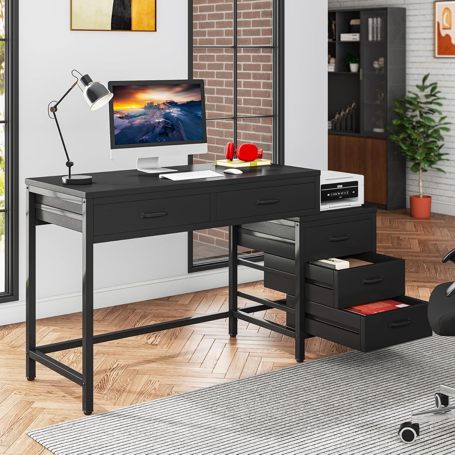 Tribesigns Computer Desk with 5 Drawers, Home Office Desks with Reversible Drawer Cabinet Printer Stand, Industrial PC Desk with Storage, Rustic Study Writing Table Workstation for Small Spaces, Black