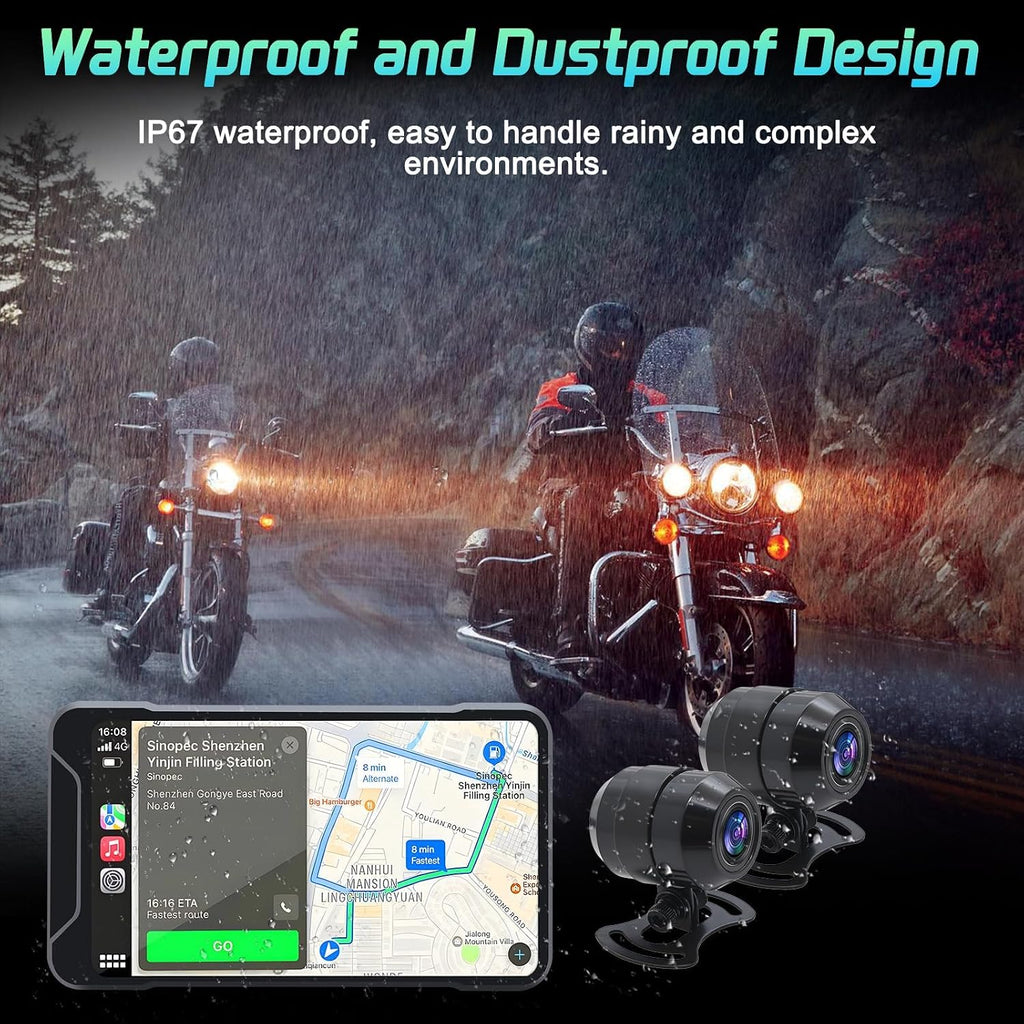 Geloo Motorcycle Dash Camera Support Wireless Apple Carplay & Android Auto, 1080P Lens Motor Dash Cam Front and Rear with TPMS, GPS, WiFi, Wireless 5'' IPS Touch Screen Motorcycle DVR
