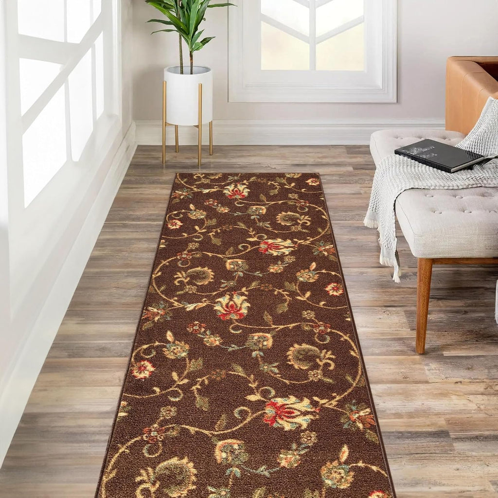 Kapaqua Custom Size Brown Floral Rubber Backed Non-Slip Hallway Stair Runner Rug Carpet 31 inch Wide Choose Your Length 31in X 40ft