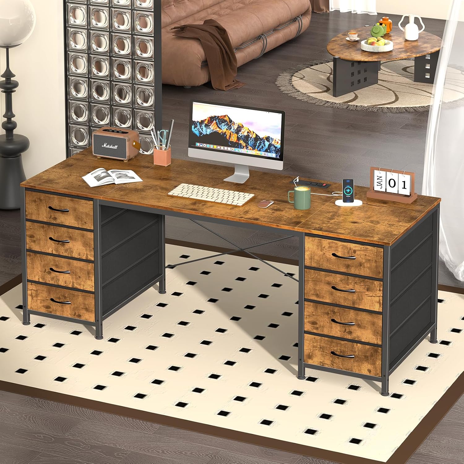 YOMILUVE 60 Inch Computer Desk with 8 Drawers, Home Office Desk with Power Outlets, Work Study Gaming Desk with 8 Fabric Drawers, Rustic Brown