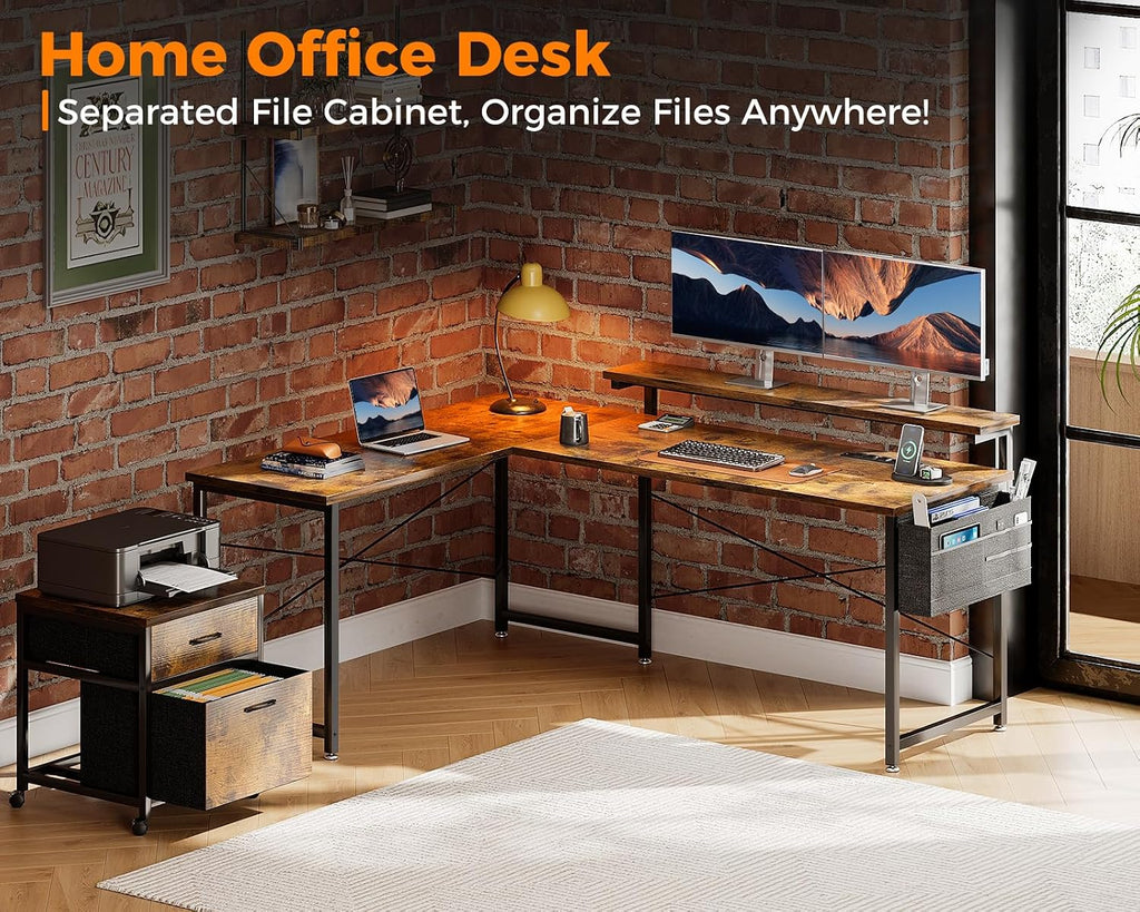 AODK 55' L Shaped Computer Desk, Office Desk with 2 Drawers File Cabinet, Power Outlet and Adjustable Monitor Stand, Reversible Corner Desk with Storage Bag, Vintage