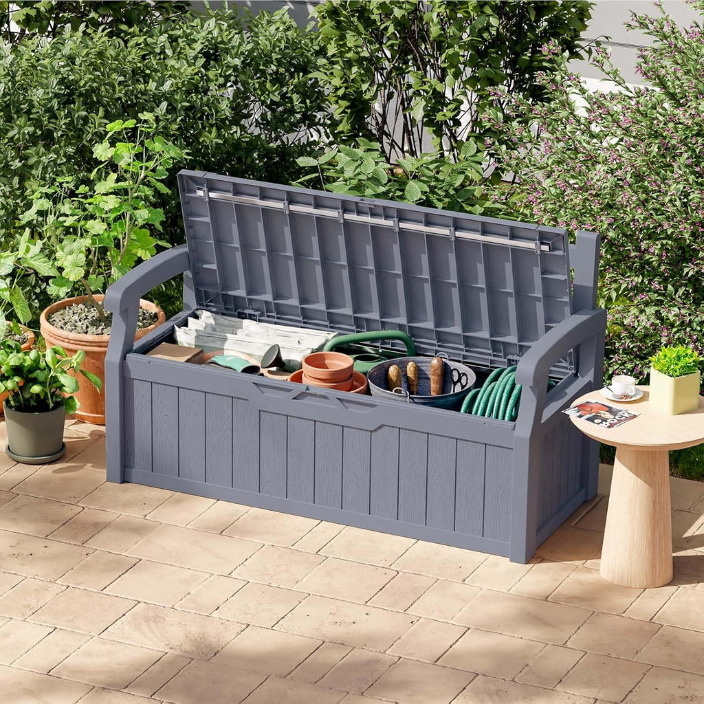 Patiowell 75 Gallon Plastic Storage Bench, Water-Resistant Deck Box for Patio Furniture, Garden Tools, Pool Storage and Outdoor Cushions, Grey