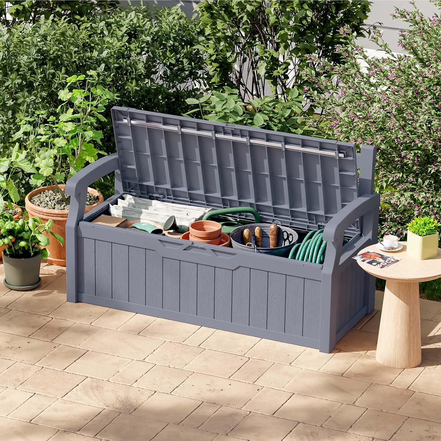 Patiowell 75 Gallon Plastic Storage Bench, Water-Resistant Deck Box for Patio Furniture, Garden Tools, Pool Storage and Outdoor Cushions, Grey