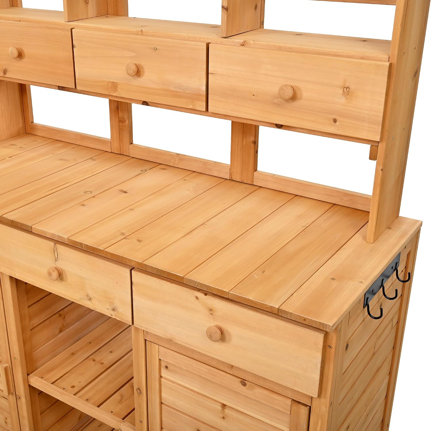 Harper & Bright Designs 65.7'' H Tall Garden Potting Bench Table with Hutch,Patio Storage Workstation with 3 Shelves,6 Drawers,2 Bottom Cabinets&Side Hooks for Mudroom,Doorway, Natural