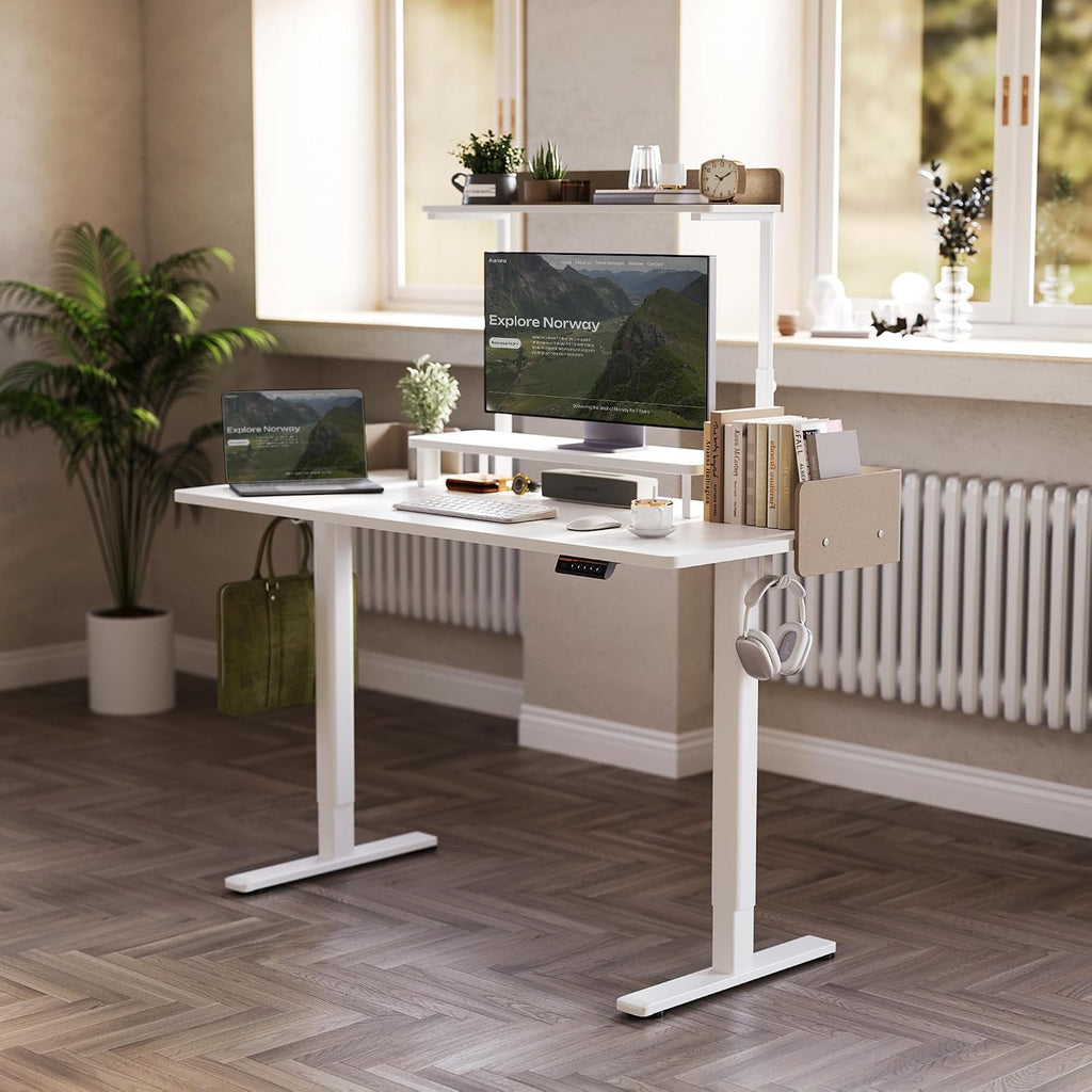 Claiks Electric Standing Desk with Monitor Stand, 55 Inches Electric Height Adjustable Desk with Removable Shelves, Stand Up Computer Desk Workstation, White