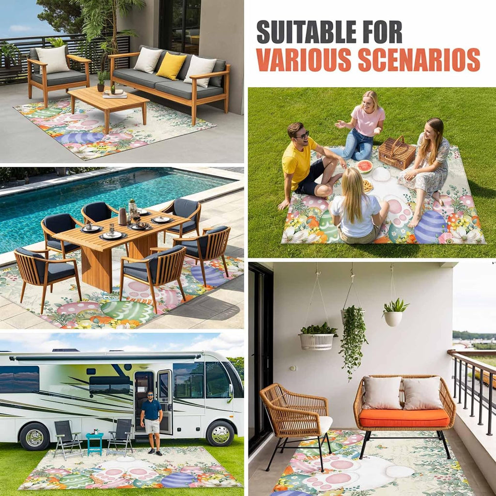 Cute Easter Bunny Outdoor Rug for Patio/Deck/Porch, Non-Slip Large Area Rug 6 x 9 Ft, Eucalyptus Leaves Colorful Eggs Beige Indoor Outdoor Rugs Washable Area Rugs, Reversible Camping Rug Carpet Runner