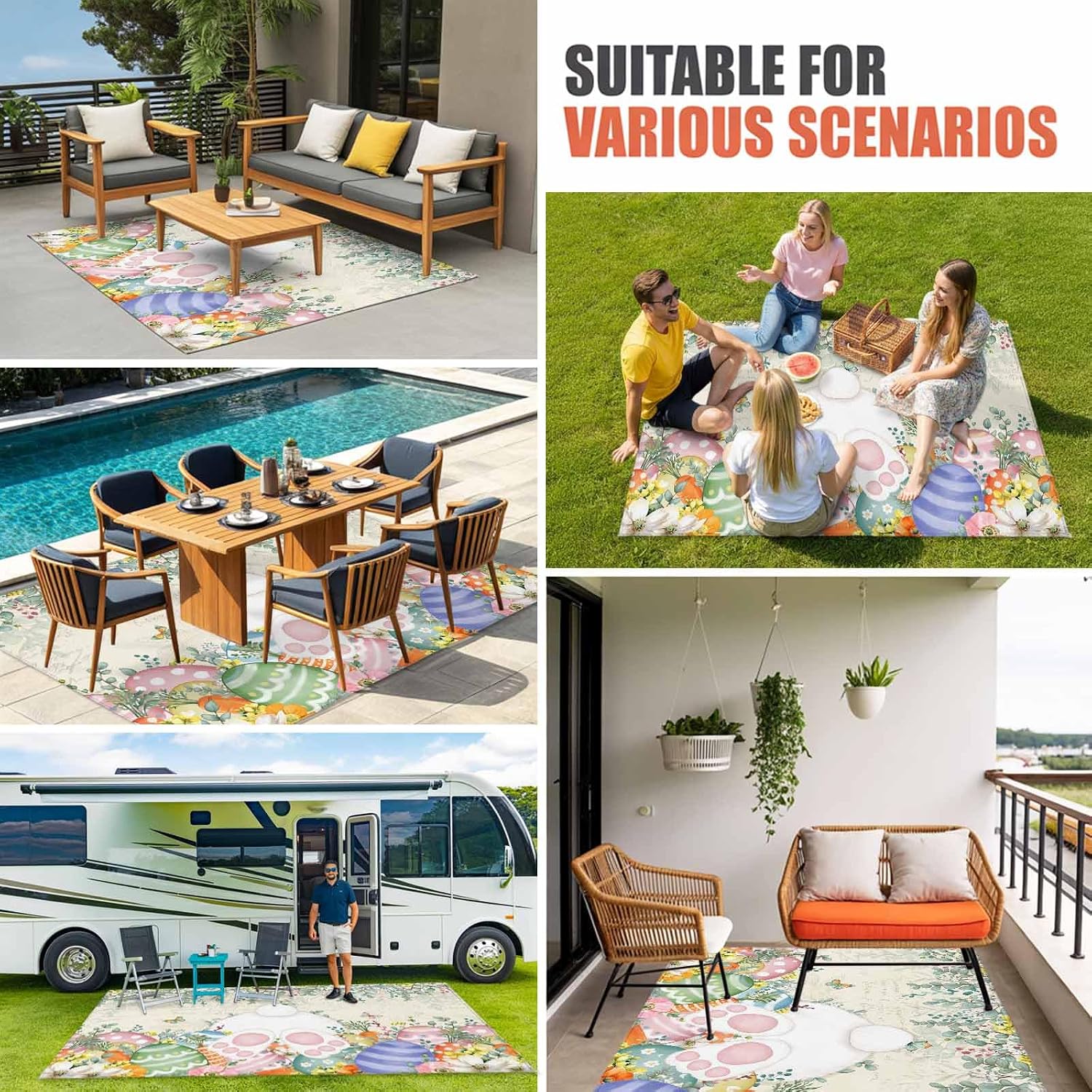 Cute Easter Bunny Outdoor Rug for Patio/Deck/Porch, Non-Slip Large Area Rug 6 x 9 Ft, Eucalyptus Leaves Colorful Eggs Beige Indoor Outdoor Rugs Washable Area Rugs, Reversible Camping Rug Carpet Runner