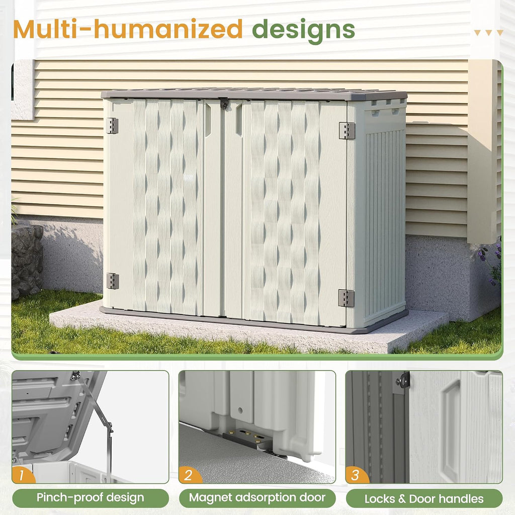 Amopatio 37 Cu Ft Premium Vertical Storage Shed, Outdoor Resin Shed with Floor, Waterproof Weather Resistance Plastic Cabinet, Lockable Doors for Patio, Garden Tools, Lawn, Grey&White