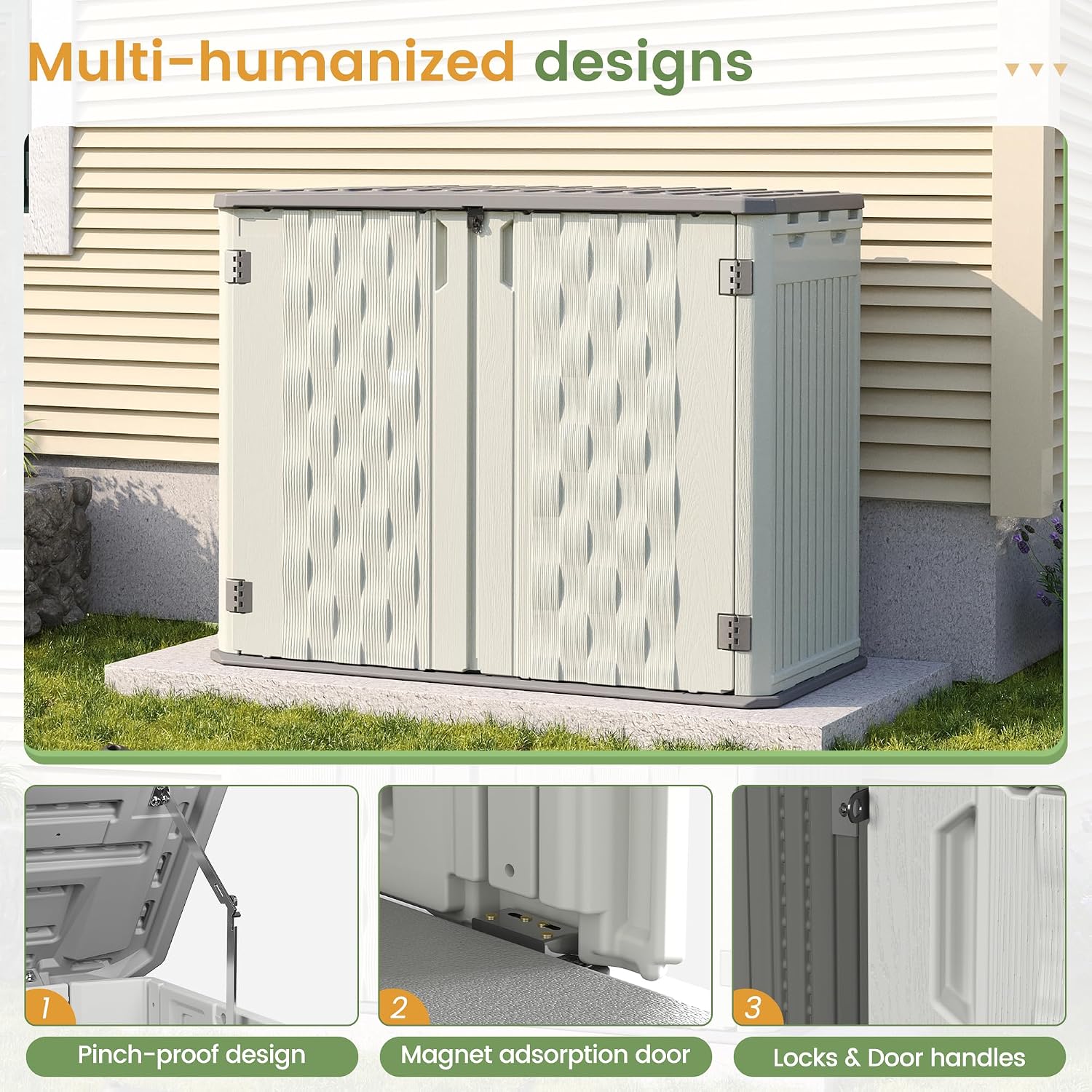 Amopatio 37 Cu Ft Premium Vertical Storage Shed, Outdoor Resin Shed with Floor, Waterproof Weather Resistance Plastic Cabinet, Lockable Doors for Patio, Garden Tools, Lawn, Grey&White