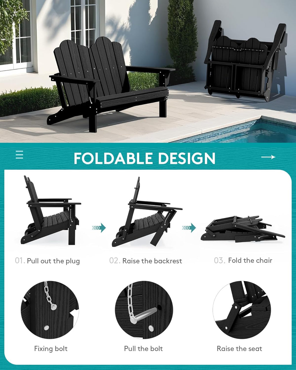 SERWALL 4 Pieces HDPE Patio Adirondack Chair Set, 2 Adirondack Chair with Cup Holder & 1 Adirondack Bench & 1 Coffee Table with Umbrella Hole, Black