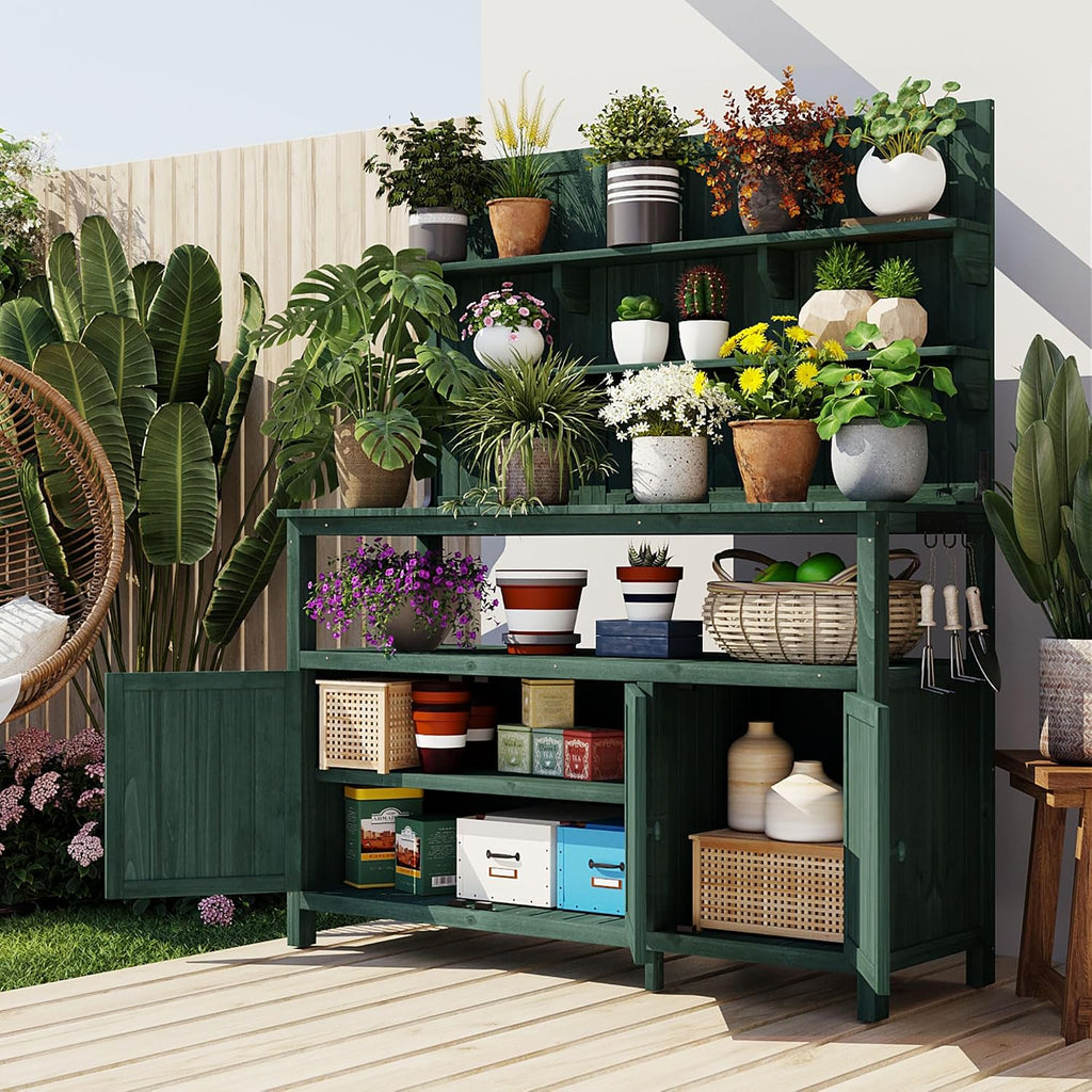 Outdoor Potting Bench Table with Hutch, 50.2' Solid Fir Wood Garden Workstation, Large Countertop, 2 Shelves, 2 Cabinets, for Gardening (Green6, 50.2')