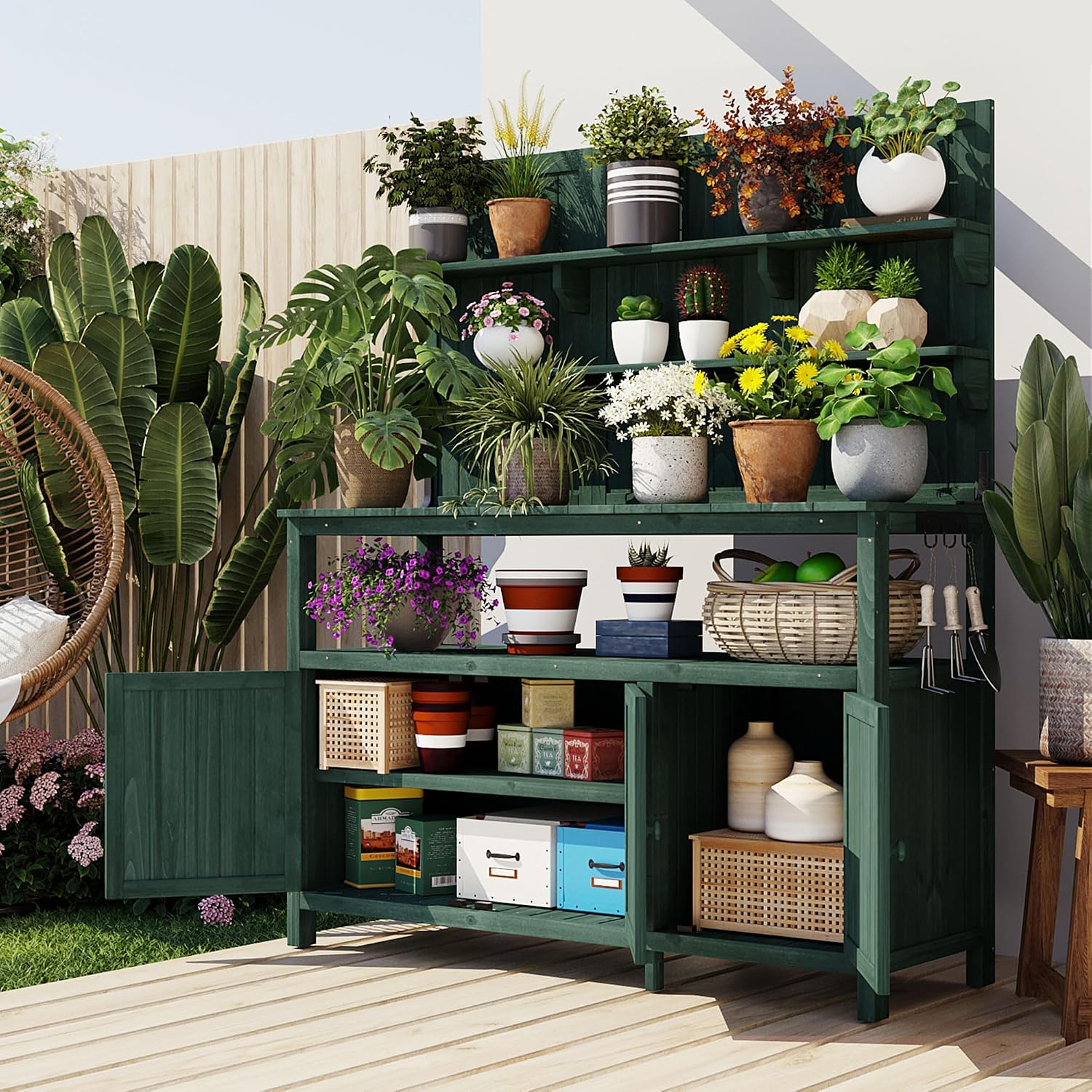 Outdoor Potting Bench Table with Hutch, 50.2' Solid Fir Wood Garden Workstation, Large Countertop, 2 Shelves, 2 Cabinets, for Gardening (Green6, 50.2')