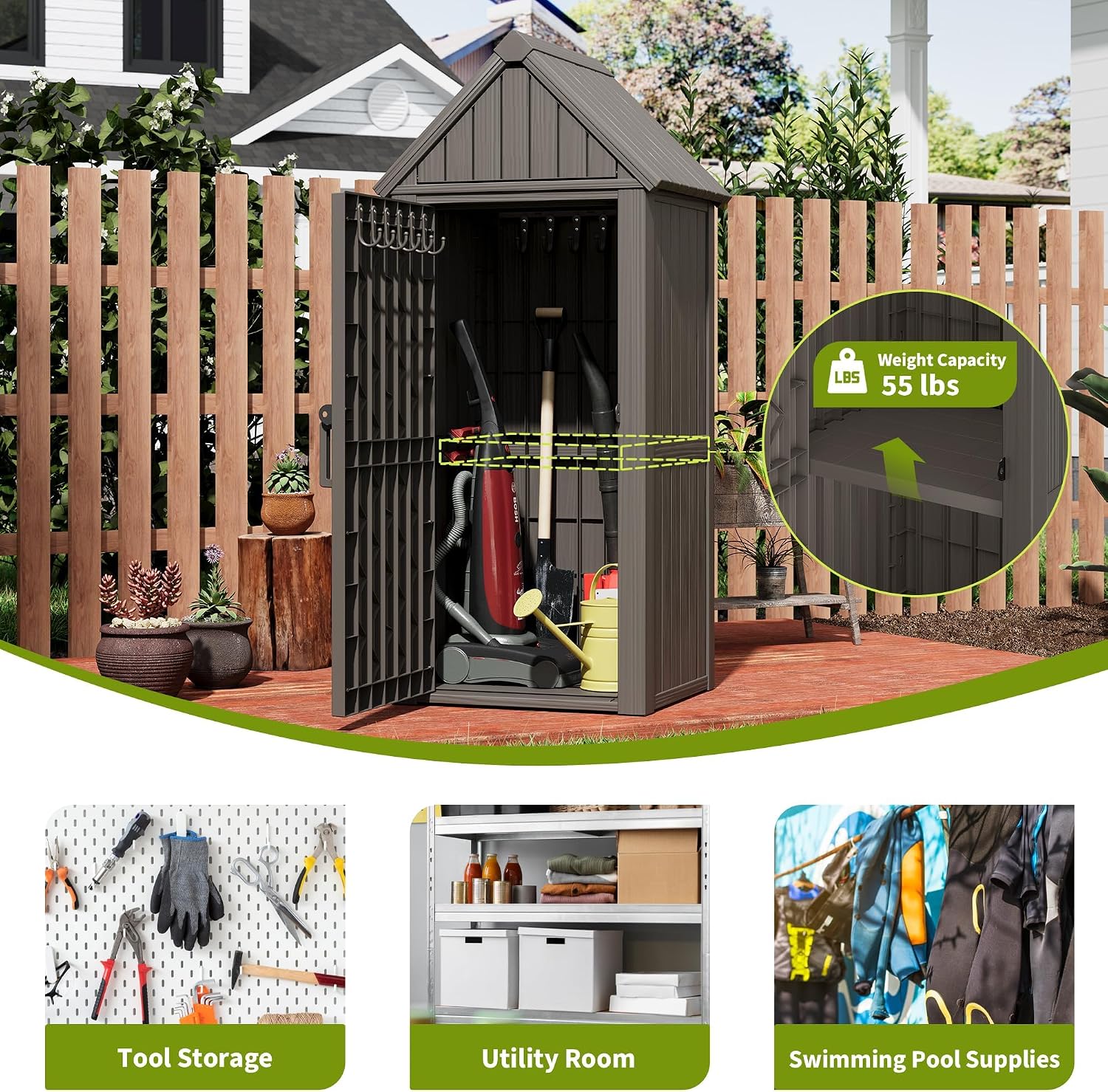 Outdoor Storage Shed, Waterproof Storage Cabinet with Sloping Roof and Lockable Door, Resin Shed with Ample Space, Multiple Hooks for Backyard Patio, Garden, Lawn, Classic Grey