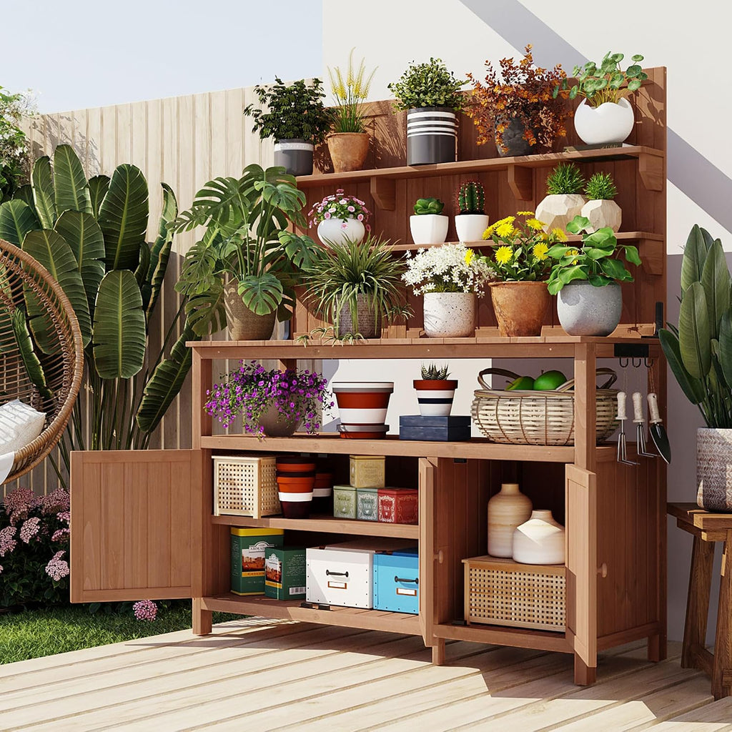 Merax Outdoor Potting Bench Table with Hutch, 50.2' Fir Wood Garden Workstation, Large Countertop, 2 Shelves, 2 Cabinets, 3 Side Hooks, Wooden Gardening Planting Table for Backyard, Patio, Natural
