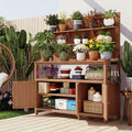 Merax Outdoor Potting Bench Table with Hutch, 50.2' Fir Wood Garden Workstation, Large Countertop, 2 Shelves, 2 Cabinets, 3 Side Hooks, Wooden Gardening Planting Table for Backyard, Patio, Natural