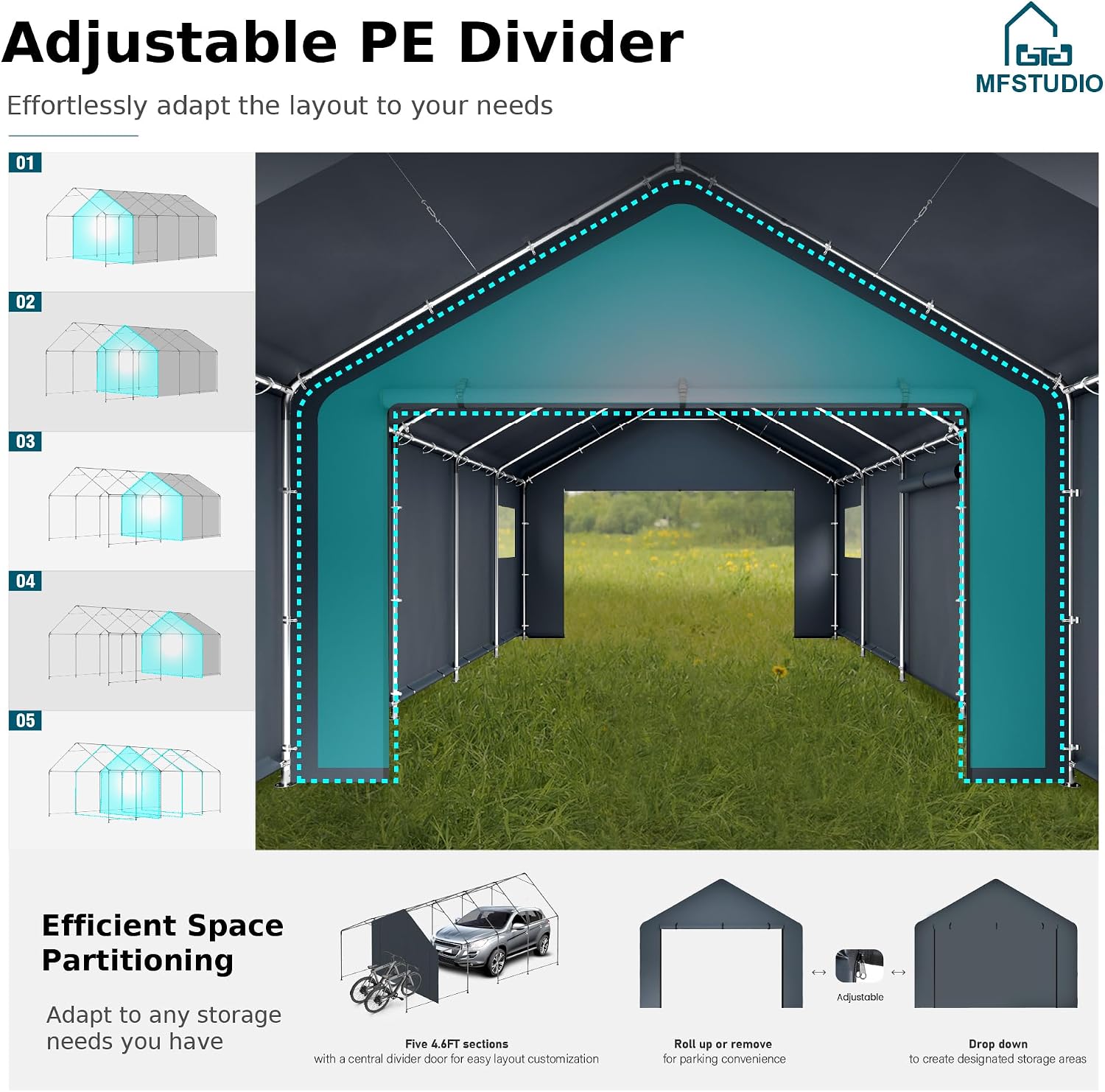MFSTUDIO Portable Carport Garage,13x24 Car Tent Garage Heavy Duty Shed Carports Storage Tents with Rolled up Zipper Doors, Extra Large Car Canopy Tent with Roll-up Sidewalls for Boat,Truck,Tools