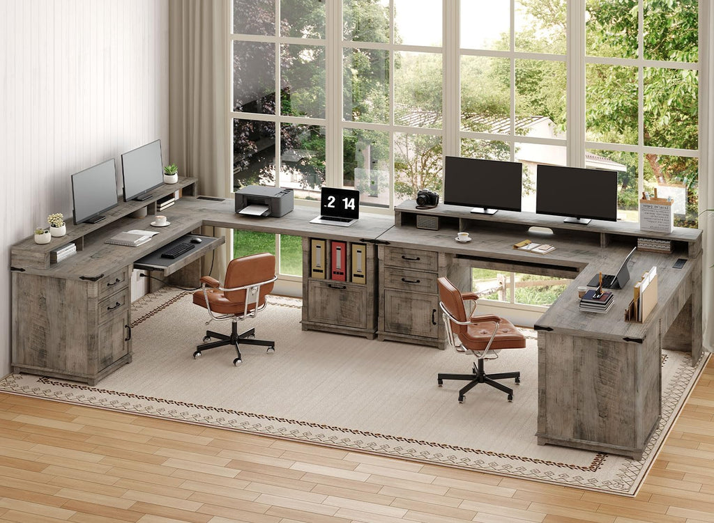 RALGEND 2 Pack Farmhouse 69' Executive L Shaped Desk with Drawer, Home Office Desk with Charging Station, Corner Computer Desk with Monitor Stand,Drawer,Storage Cabinet, Greige