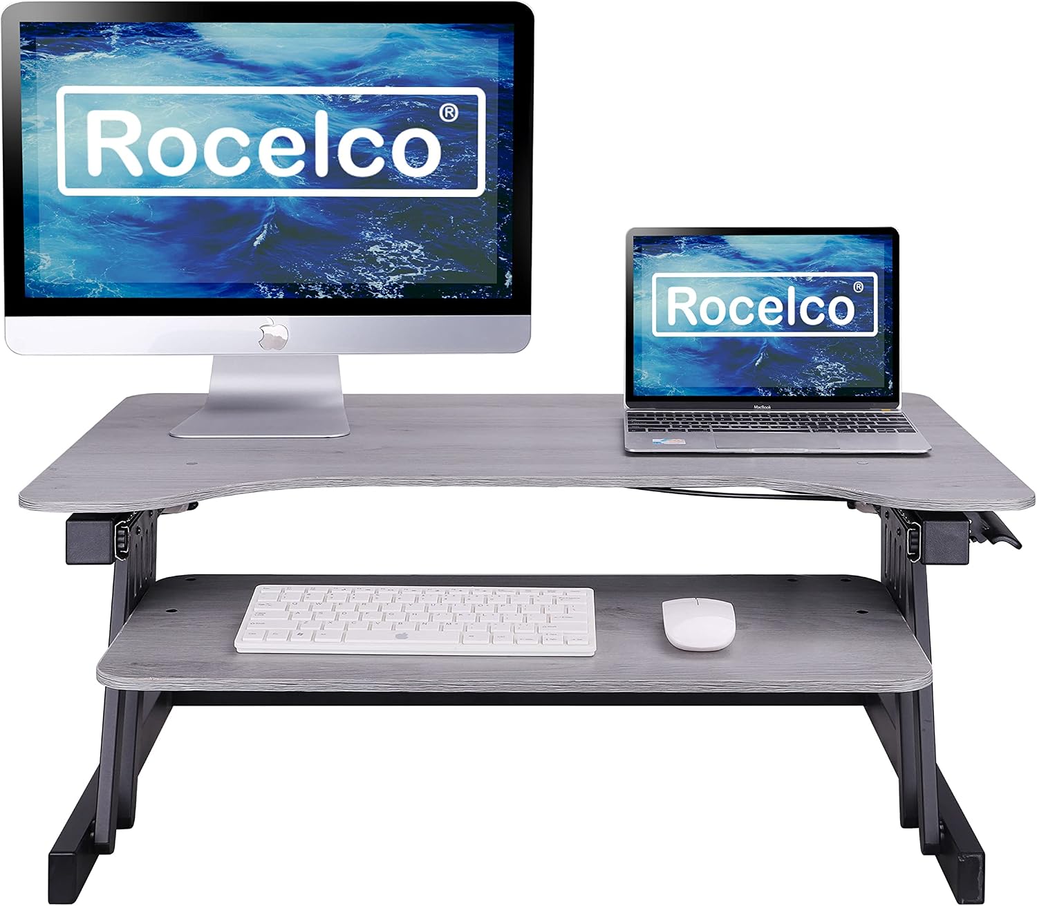 Rocelco 37.5' Deluxe Height Adjustable Standing Desk Converter - Quick Sit Stand Up Dual Monitor Riser - Gas Spring Assist Computer Workstation - Large Retractable Keyboard Tray - Gray (R DADRG)