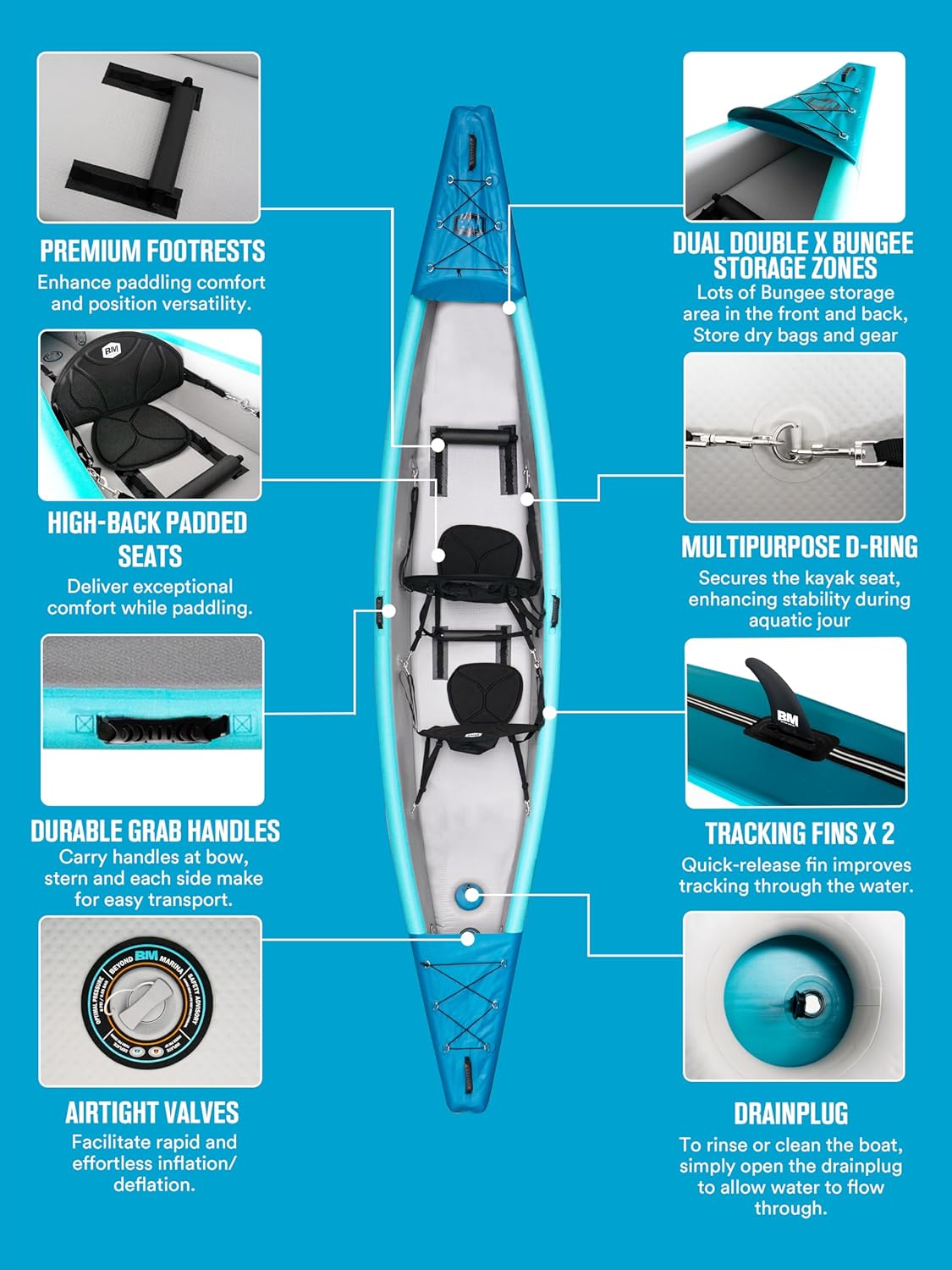 BEYOND MARINA Inflatable Kayak 1 & 2 & 3 Person Adult- Full Drop Stitch Kayak with Aluminum Paddles, Seats, Footrests, Pump, Fins