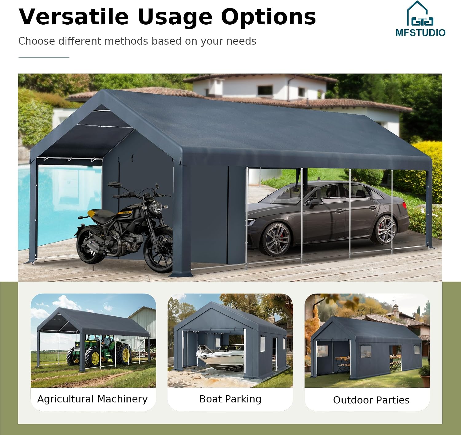 MFSTUDIO Portable Carport Garage,13x24 Car Tent Garage Heavy Duty Shed Carports Storage Tents with Rolled up Zipper Doors, Extra Large Car Canopy Tent with Roll-up Sidewalls for Boat,Truck,Tools