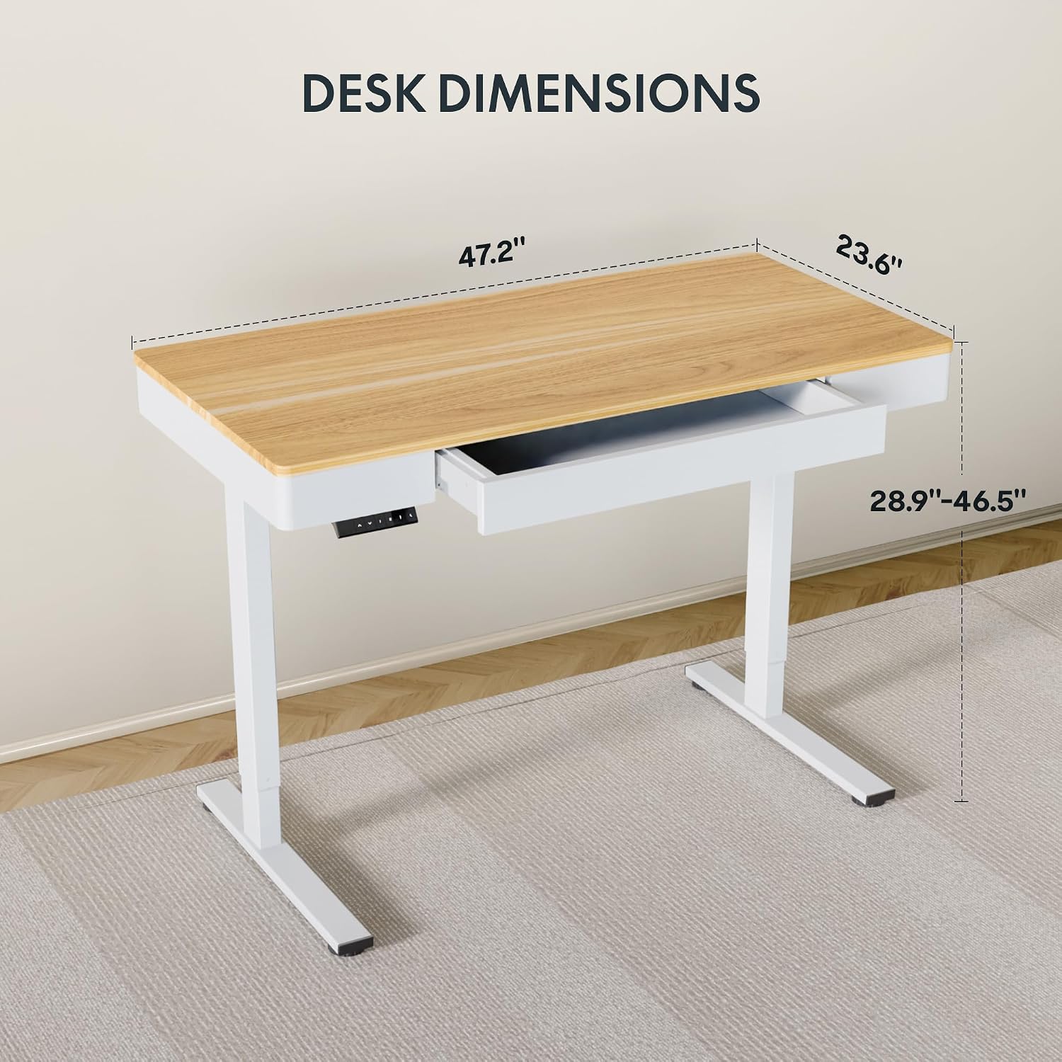 FLEXISPOT Standing Desk with Drawer, 48 x 24 Inch Electric Adjustable Height Stand Up Desk with Storage Organizer, Whole Piece Wooden Desktop for Home, Office, Computer Workstation, Maple