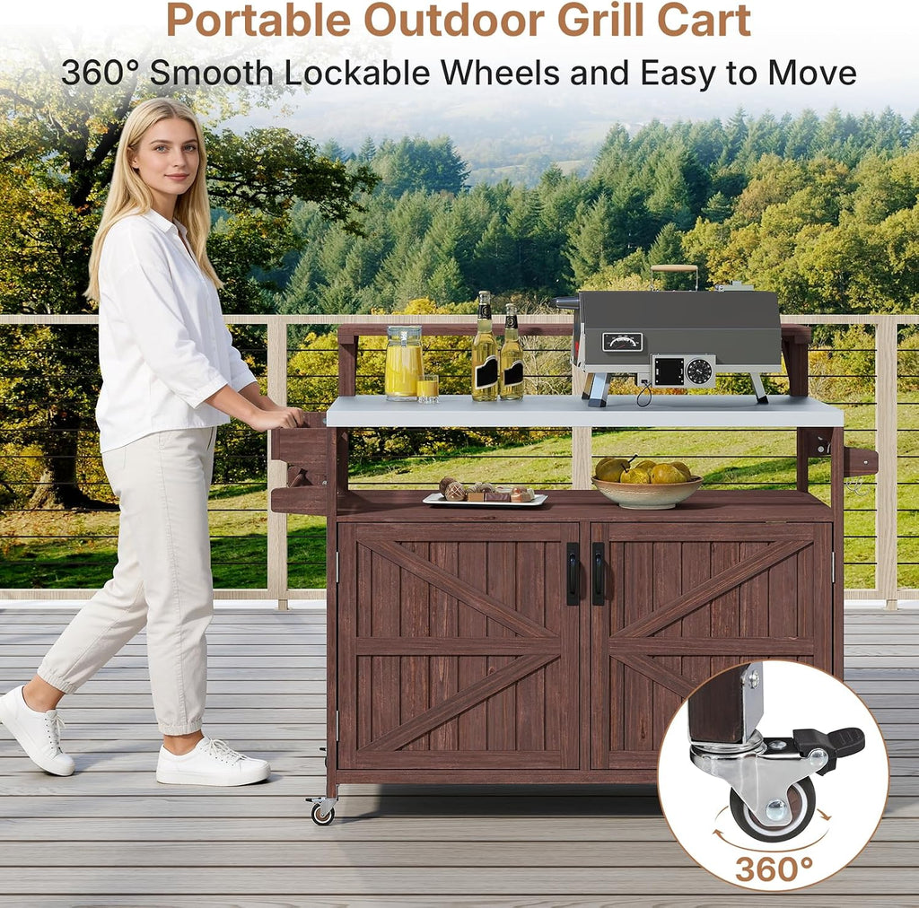 Zevemomo Outdoor Grill Cart with Raised Shelf, Stainless Steel Tabletop Outdoor Kitchen Island, Outdoor Buffet Cabinet with Lockable Wheels, Internal Storage Rack, Spice Rack for Grilling, Brown