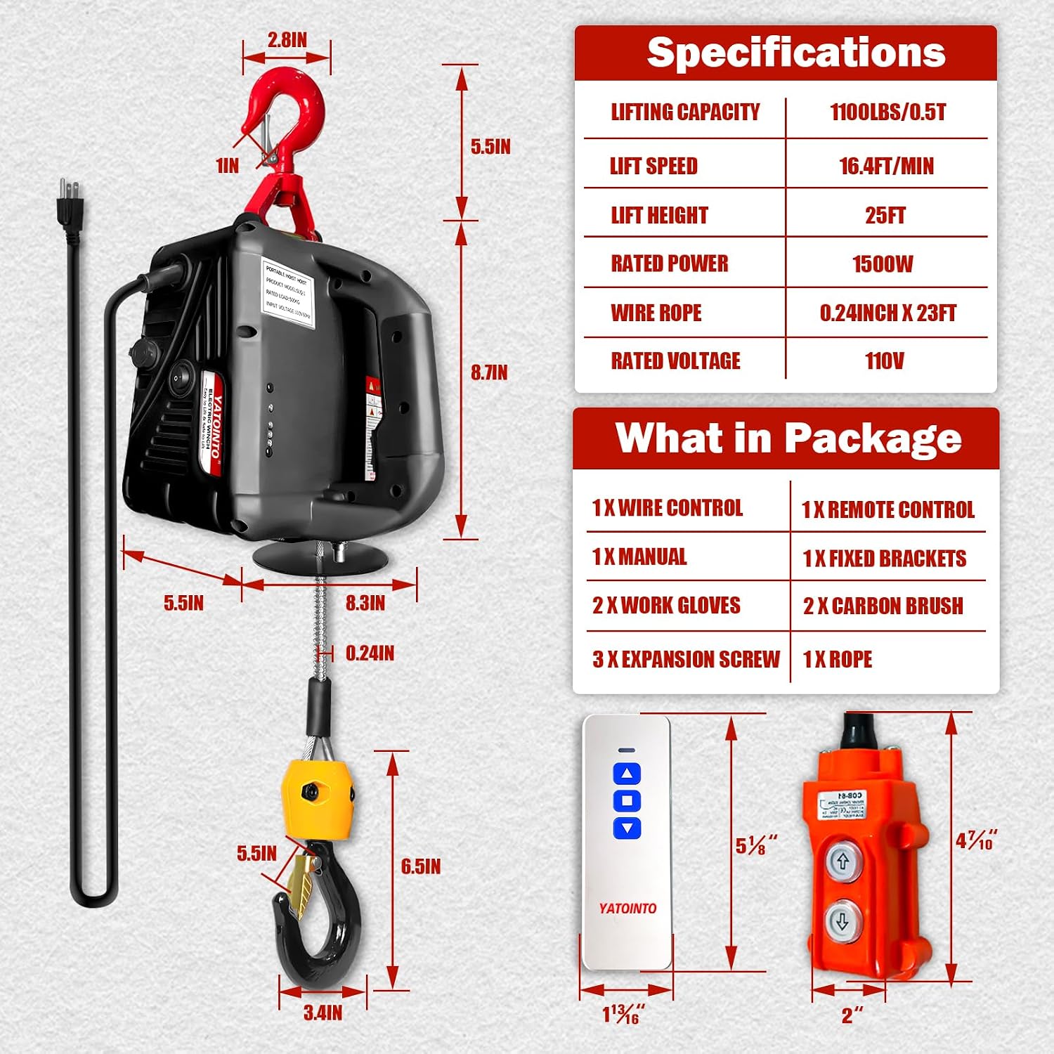 3-in-1 Electric Hoist 110 Volt,1100LBS Portable Electric Winch with Manual/Cable/Wireless Remote Control for Garage, Warehouse, Factory Lifting Towing