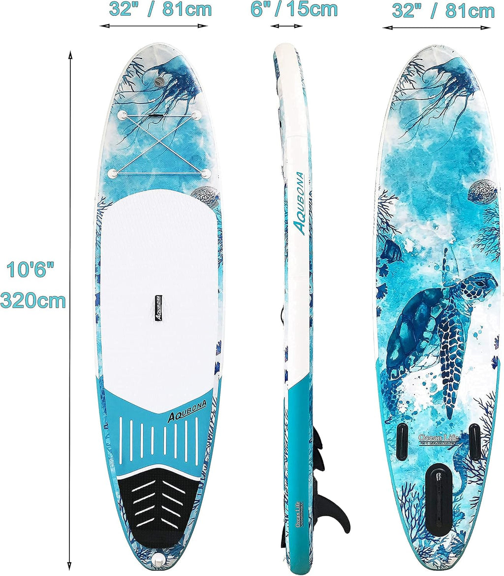 10'6'/11'Inflatable Stand Up Paddle Board Yoga Traveling Board for Surfing Everything Included with Adj Floating Paddle, Hand Pump, ISUP Travel Backpack, Leash, Fin.