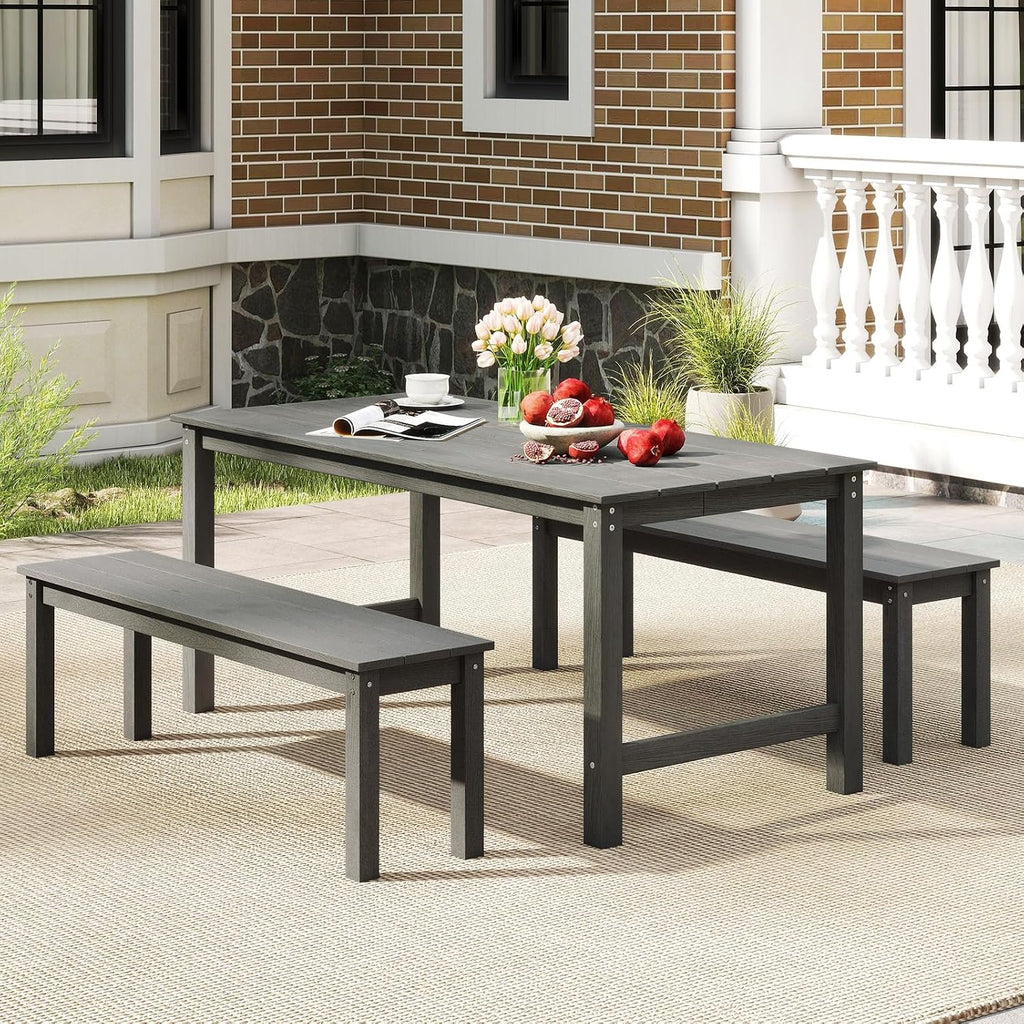 Tangkula HDPE Outdoor Bench, 2-3 Person Patio Bench, 55' Backless Garden Dining Bench with Slatted Seat, Weatherproof Park Bench for Entryway, Porch, Lawn & Backyard (Grey,1)