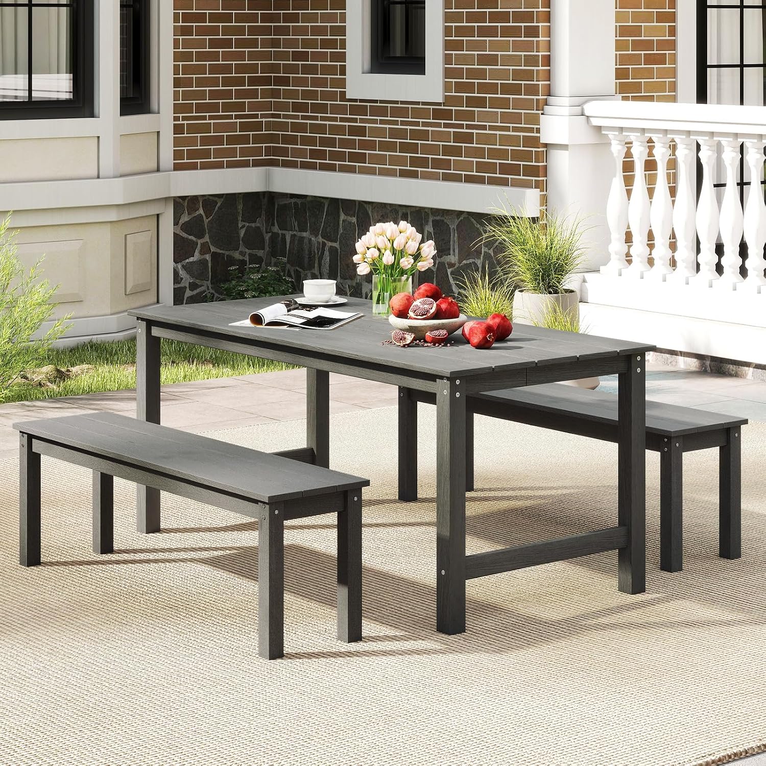 Tangkula HDPE Outdoor Bench, 2-3 Person Patio Bench, 55' Backless Garden Dining Bench with Slatted Seat, Weatherproof Park Bench for Entryway, Porch, Lawn & Backyard (Grey,1)