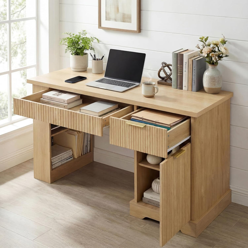 RiteSune 55' Office Desk with USB Charging, Fluted Computer Desk with Pegboard, Convertible Keyboard Tray & Adjustable Storage Cabinet, Modern Home Office Desk