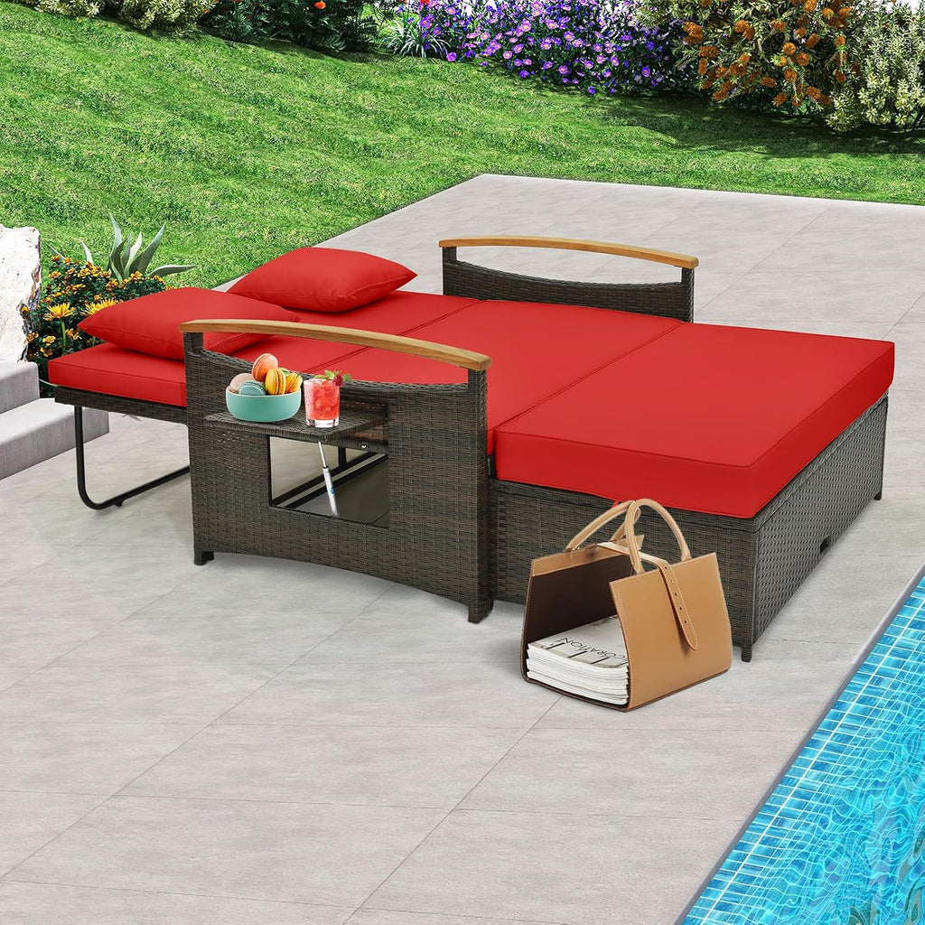 Tangkula Patio Rattan Daybed with 4-Level Adjustable Backrest, Outdoor Wicker Loveseat with Acacia Wood Armrest, Storage Ottoman & Folding Tray, Double Sunbed for Balcony, Backyard & Poolside, Red