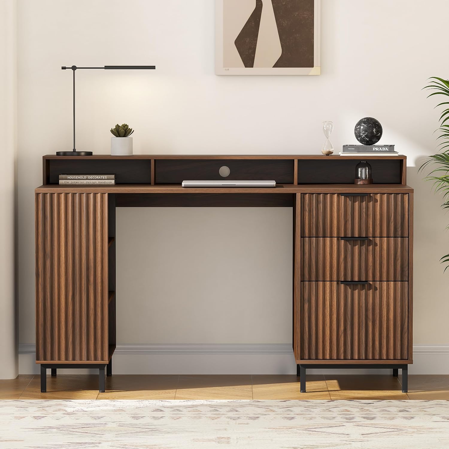 55'' Fluted Executive Desk with Drawers, Modern Home Office Computer Desk with Charging Station, File Drawer, Monitor Stand, Storage Shelf for Work Writing Study, Brown