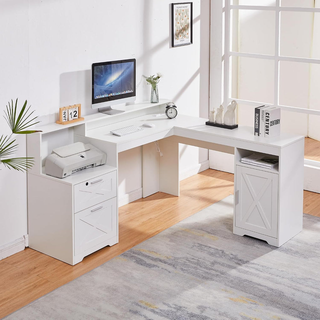 60' L Shaped Executive Desk with Printer Space,Corner Computer Desk with Power Outlets,Lockable Drawers & Adjustable File Cabnet,L Shaped Office Desk with Monitor Stand (White)
