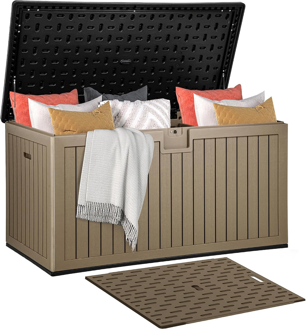 DWVO 260 Gallon Double-Wall Deck Box with Divider, XXL Extra Large Resin Outdoor Storage Box, Lockable & Waterproof, Double as Seating, 1000lbs Capacity (Black&Brown)