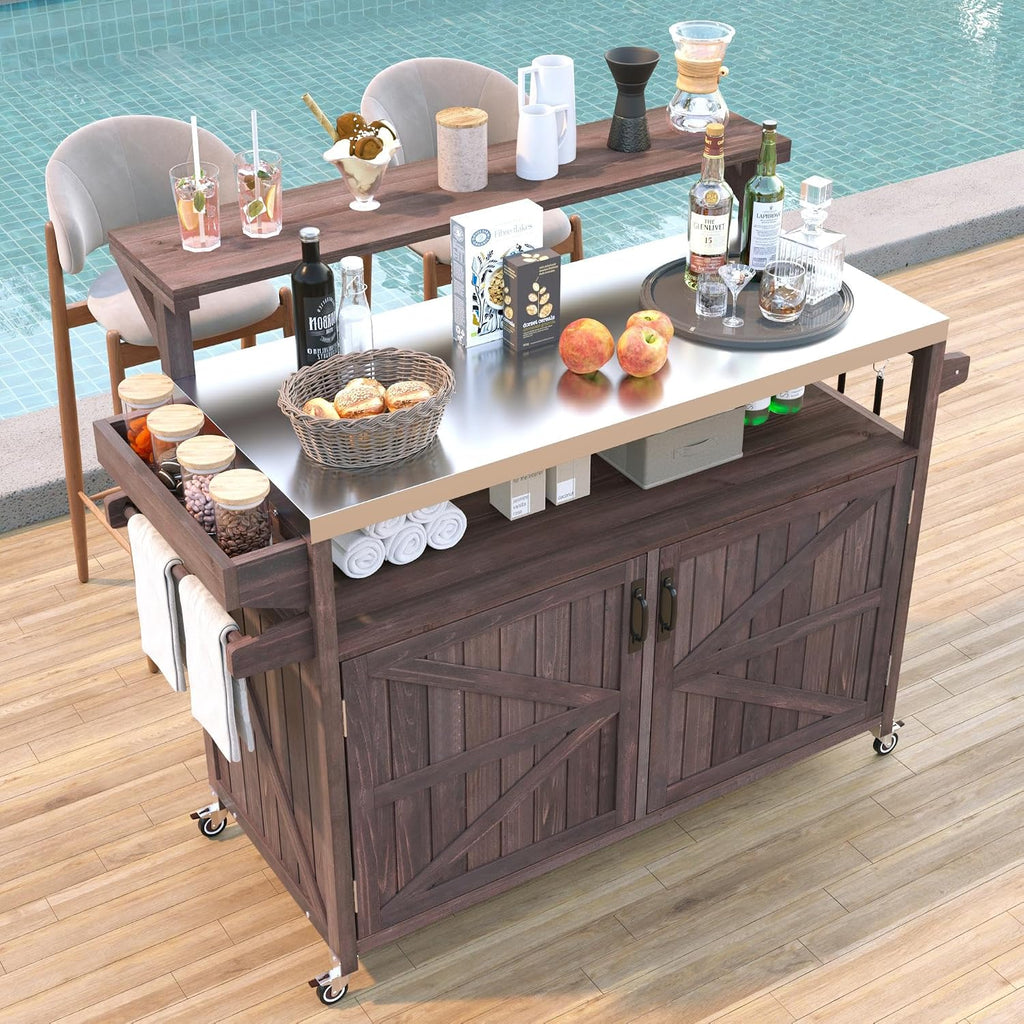 Harper & Bright Designs Grill Cart with Storage Cabinet, Outdoor Kitchen Island with Stainless Steel Top & Raised Shelf, Rolling Grill Cart with Spice Rack & Adjustable Shelf,Brown