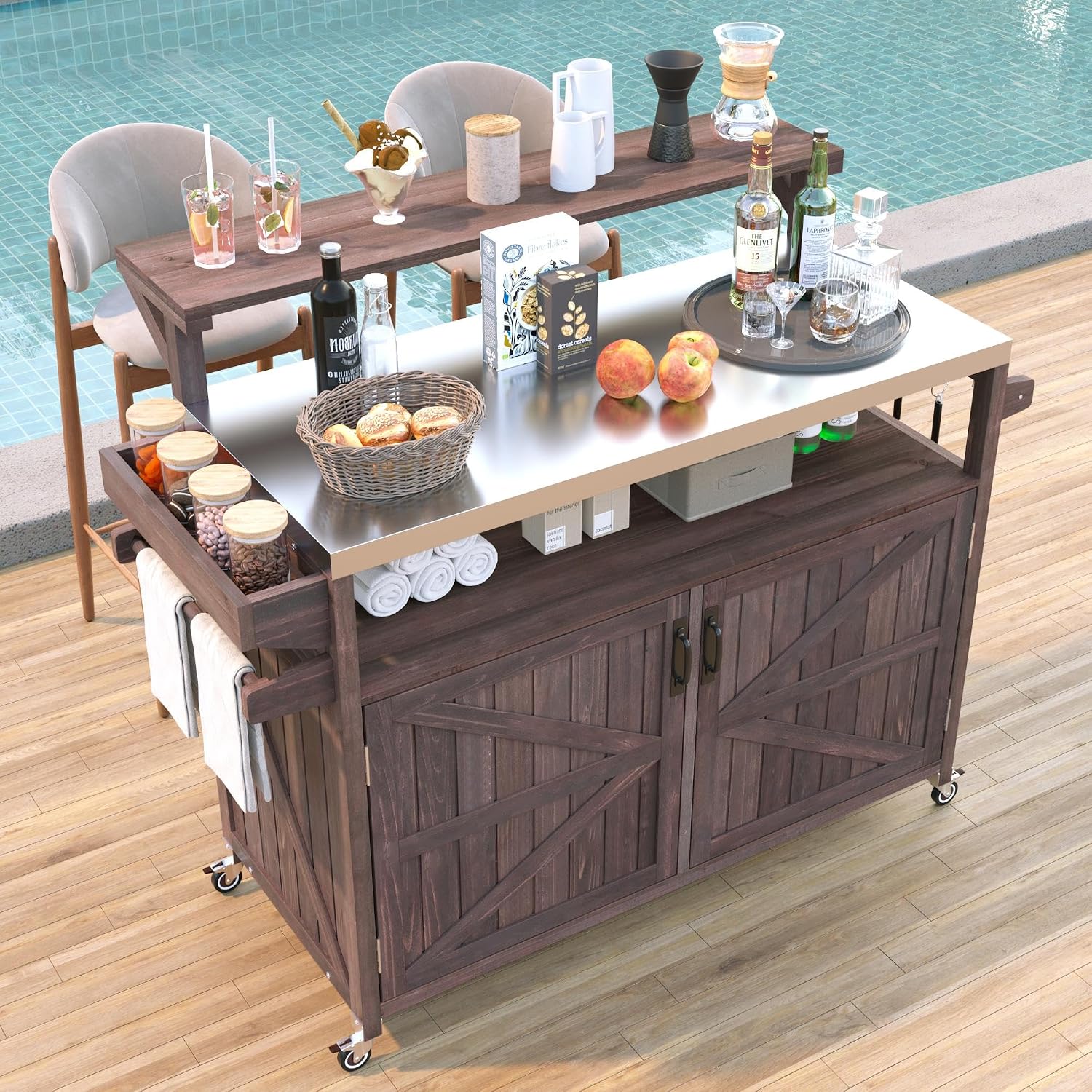 Harper & Bright Designs Grill Cart with Storage Cabinet, Outdoor Kitchen Island with Stainless Steel Top & Raised Shelf, Rolling Grill Cart with Spice Rack & Adjustable Shelf,Brown