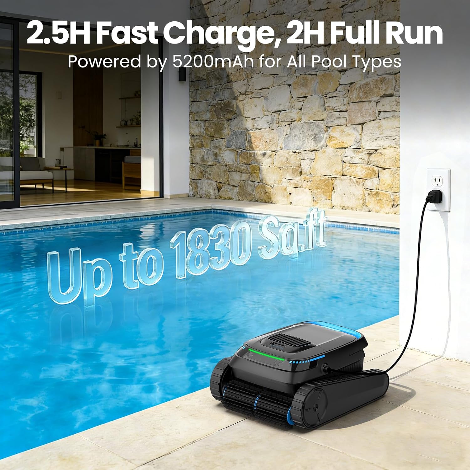 Robotic Pool Vacuum PC10, Cordless Pool Cleaner Robot for Inground & Above Ground Pools, Smart Navigation, 5000GPH Suction Power for Cleaning Floor, Wall & Waterline, Self-Parking, Black