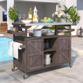 50.25'' Outdoor Kitchen Island, Rolling Bar Cart & Storage Cabinet, Farmhouse Solid Wood Outdoor Grill Table with Stainless Steel Top, Spice Rack, Towel Rack for Kitchen & BBQ,Dark Brown
