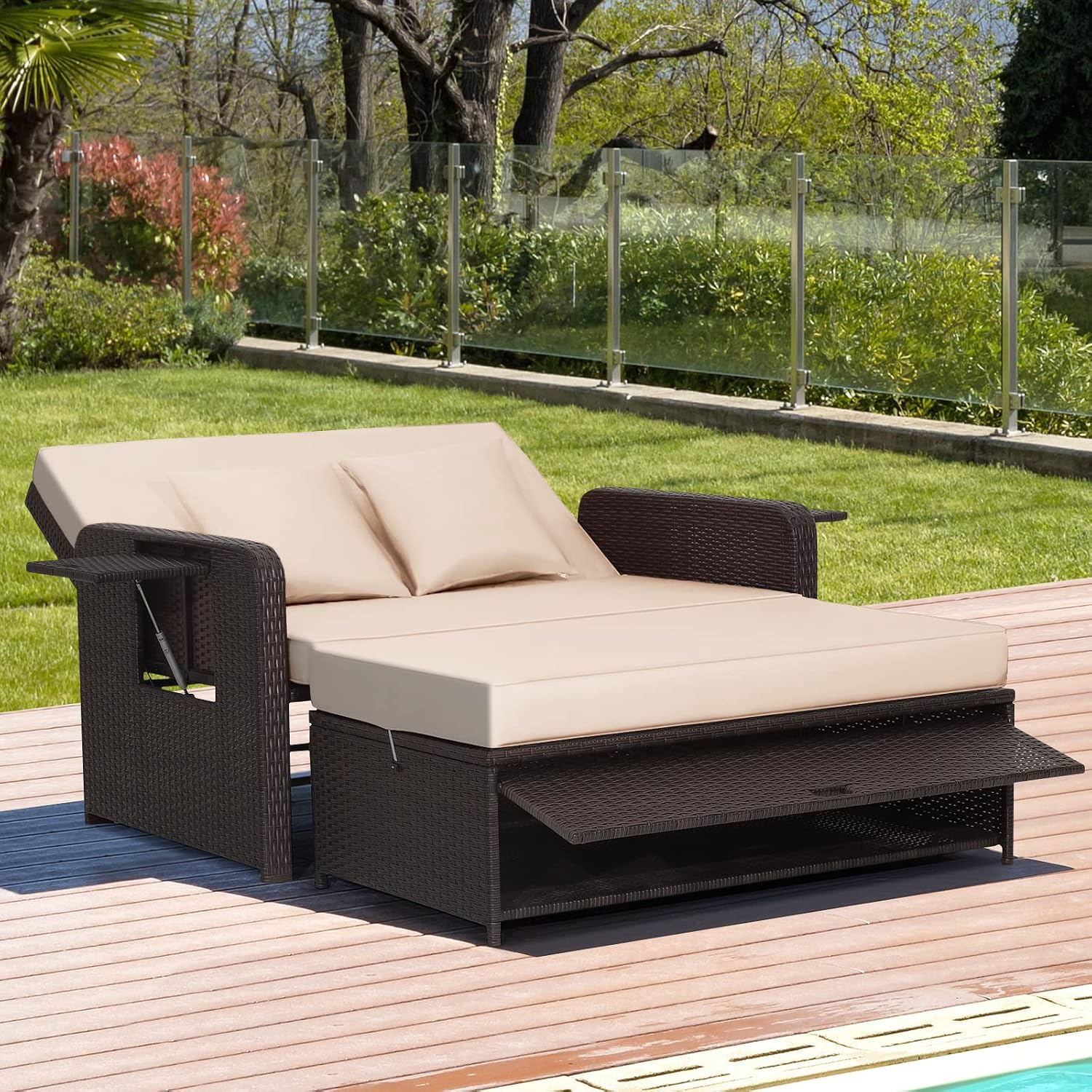 COSTWAY Patio Rattan Daybed with Cushions, Outdoor Wicker Loveseat Sofa with Storage Ottoman, 4-Level Adjustable Backrest, Bed Lounger for Yard, Balcony, Porch, Garden, Pool (Off White)