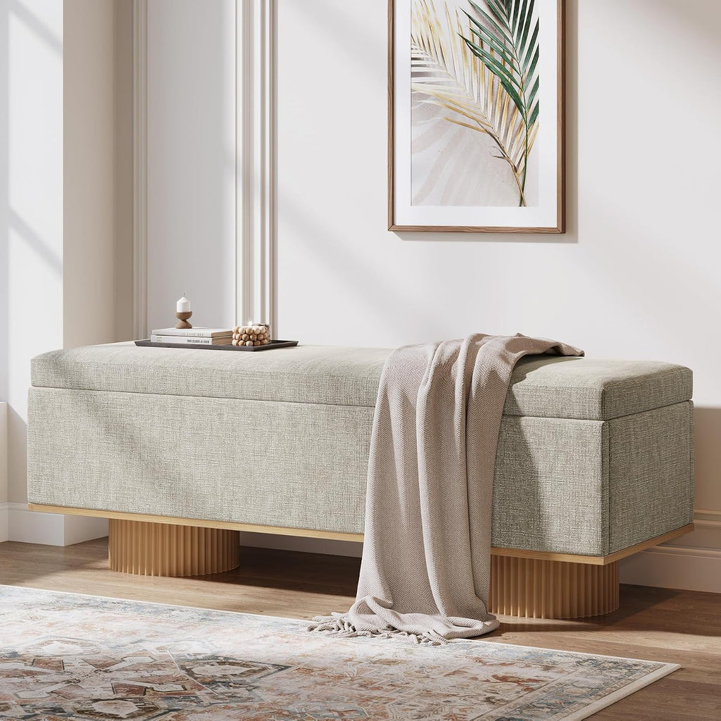 Tribesigns 50.39' Storage Bench with Padded Seat Cushion, Upholstered Shoe Bench with Flip Up Storage for Bedroom, Living Room, Entryway, Load up to 330 lb, Beige + Wood Color