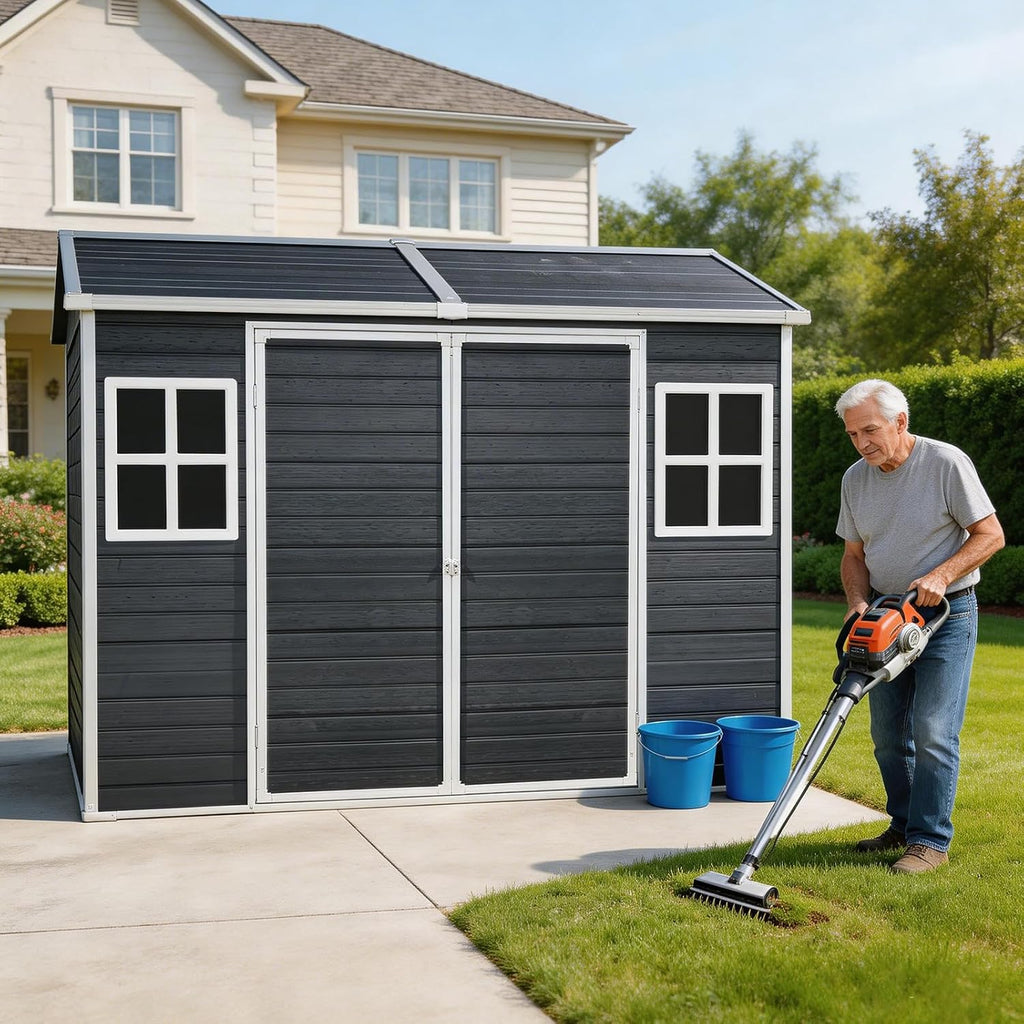 Storage Shed with Floor Included, 8x4FT Resin Storage Shed with Floor 2 Windows and Lockable Door Sheds for Garden Tools, Bike