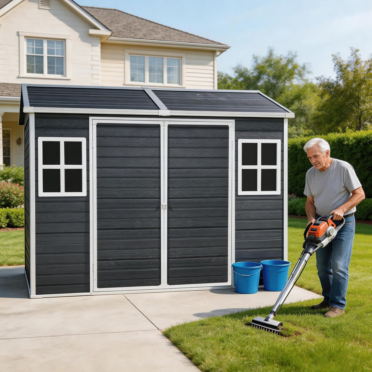 Storage Shed with Floor Included, 8x4FT Resin Storage Shed with Floor 2 Windows and Lockable Door Sheds for Garden Tools, Bike