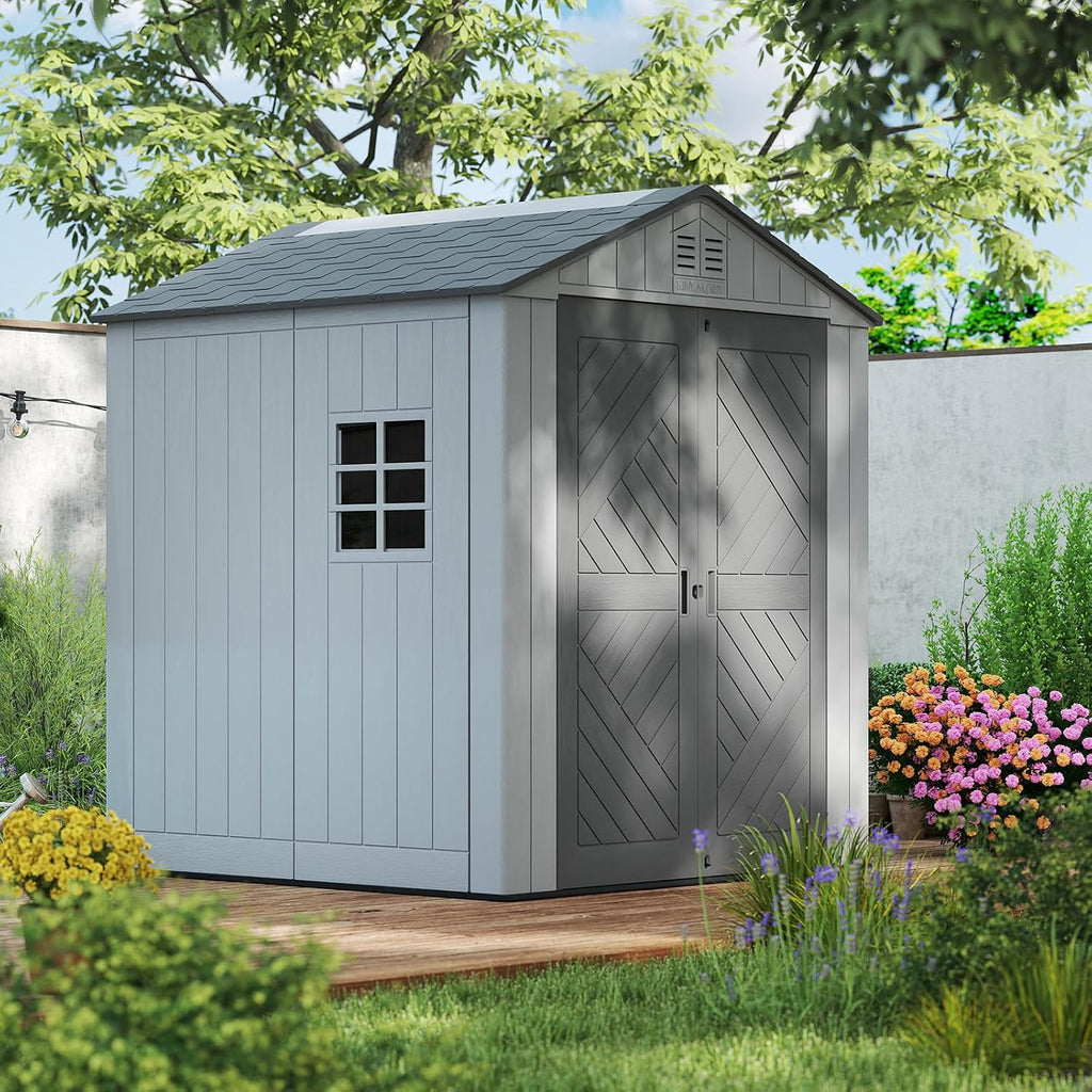 ZZM Outdoor Storage Shed 6x6 Ft, All-Weather Resistant Resin Garden Sheds & Outdoor Storage Clearance with Floor and Windows, Double-Layer Plastic Tool Shed for Backyard, Patio & Lawn (Gray)