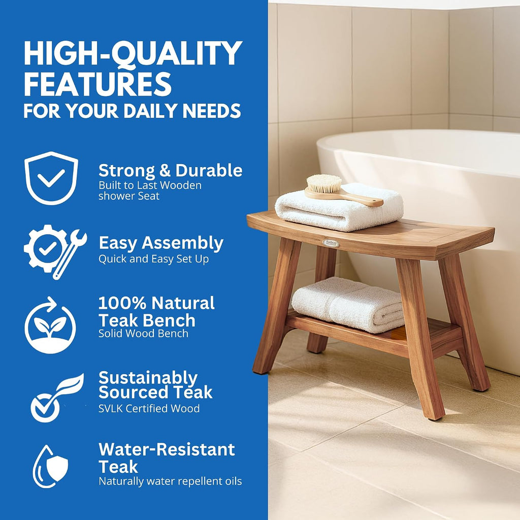 EcoDecors 28' Satori Teak Shower Bench –Bath Seat, Natural Wood Finish Water-Resistant Spa Bench | Slatted Design & Adjustable Feet for Indoor Outdoor Use | Sturdy & Safe